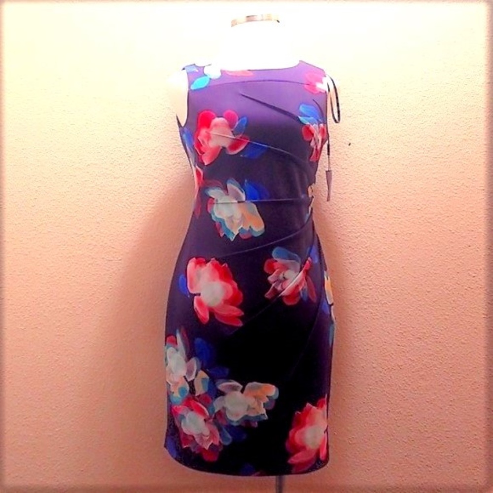 Calvin Klein Purple Floral Ruched Scuba Dress